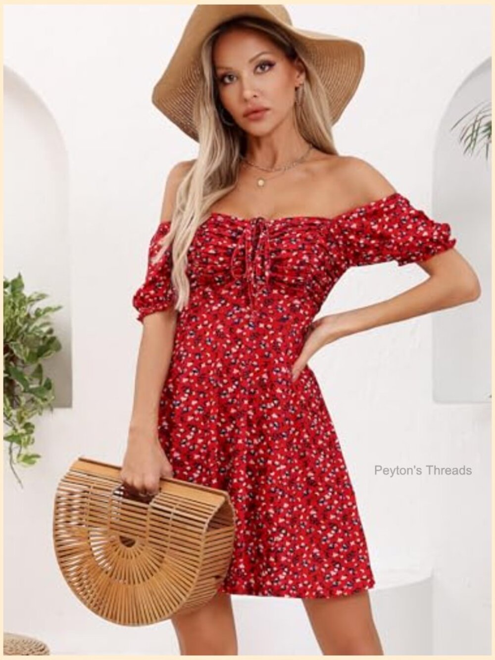 Puff Short Sleeve Fit and Flare Drawstring Floral Mini Sun Dress Summer - Picture 3 of 5